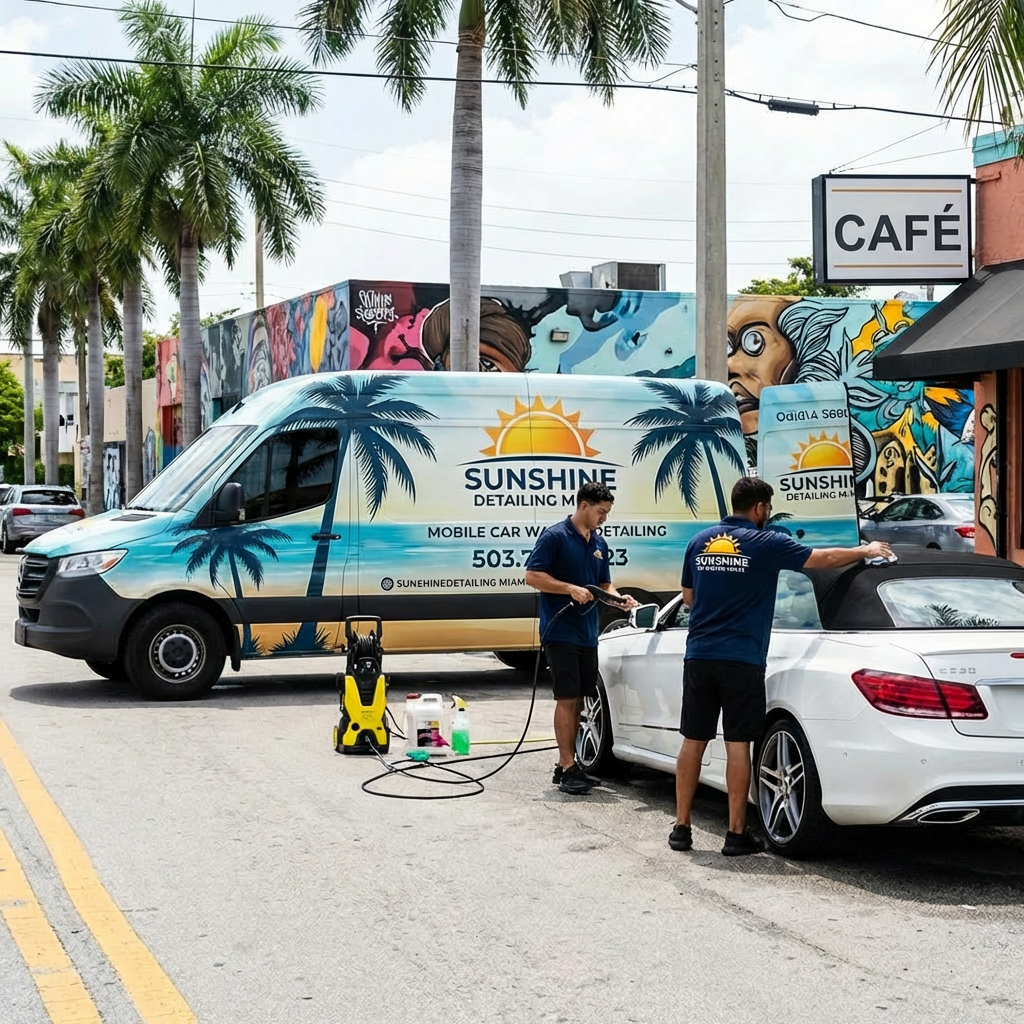 Dos hombres de Sunshine Detailing Miami lavan un coche blanco junto a su furgoneta de servicio con la marca de la empresa.